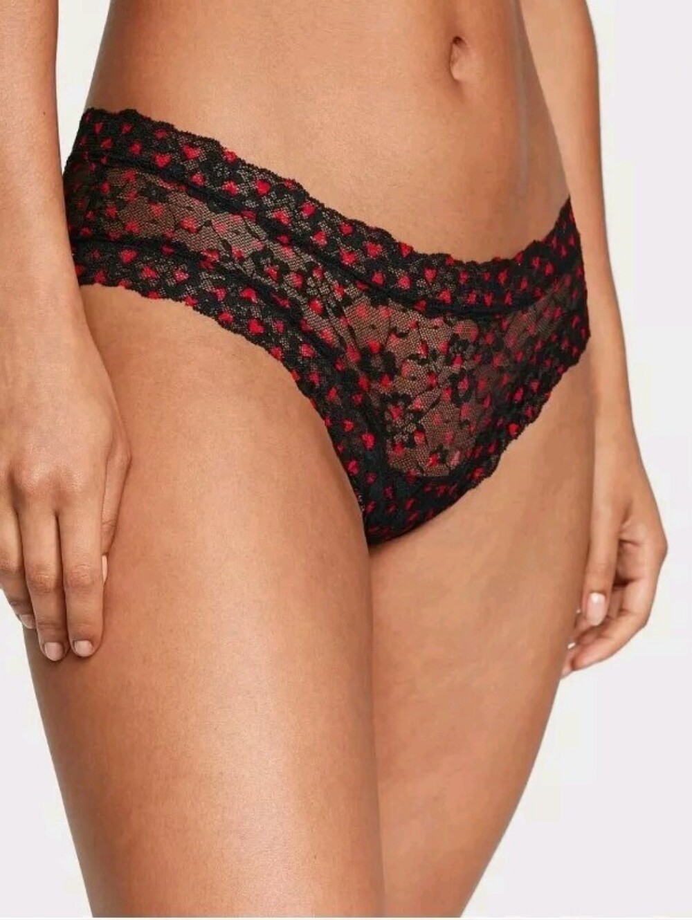 Victoria's Secret PINK Medium Black Red Heart Lace Cheeky Panty NWT
